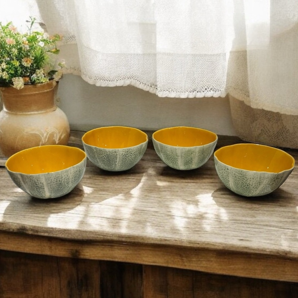 Set Of 4 Vintage Williams Sonoma Cantaloupe Bowls Made in Portugal Green/Orange